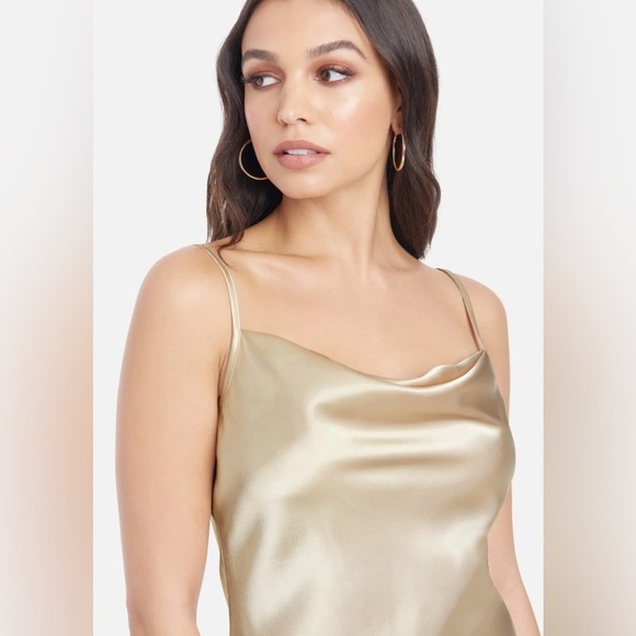 BEBE Gold Satin Cowl Neck Slip Midi Dress Size Large - Picture 2 of 11